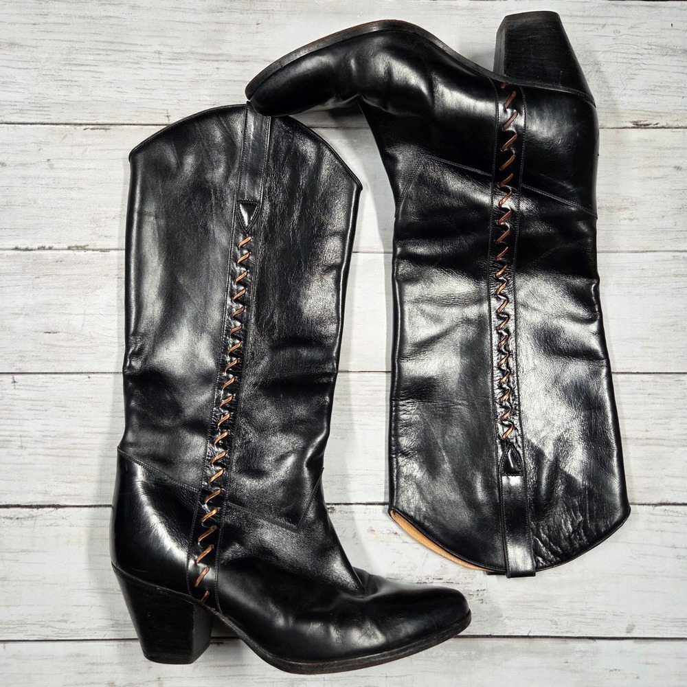 Bally Whipstitch Western Tall Boots Women 6M Black Brown Stacked Heel